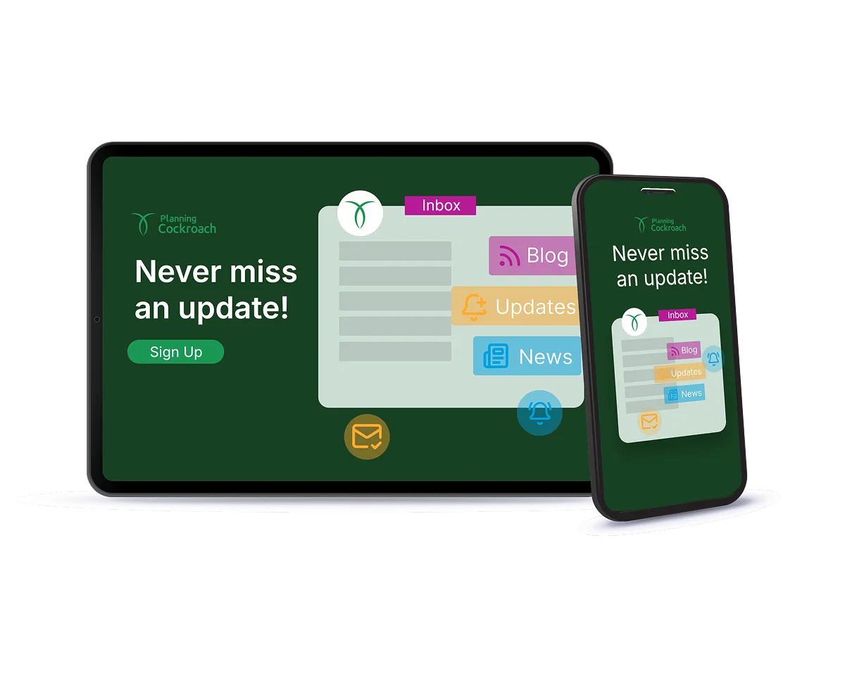 Planning Cockroach update sign-up shown on a tablet and a phone